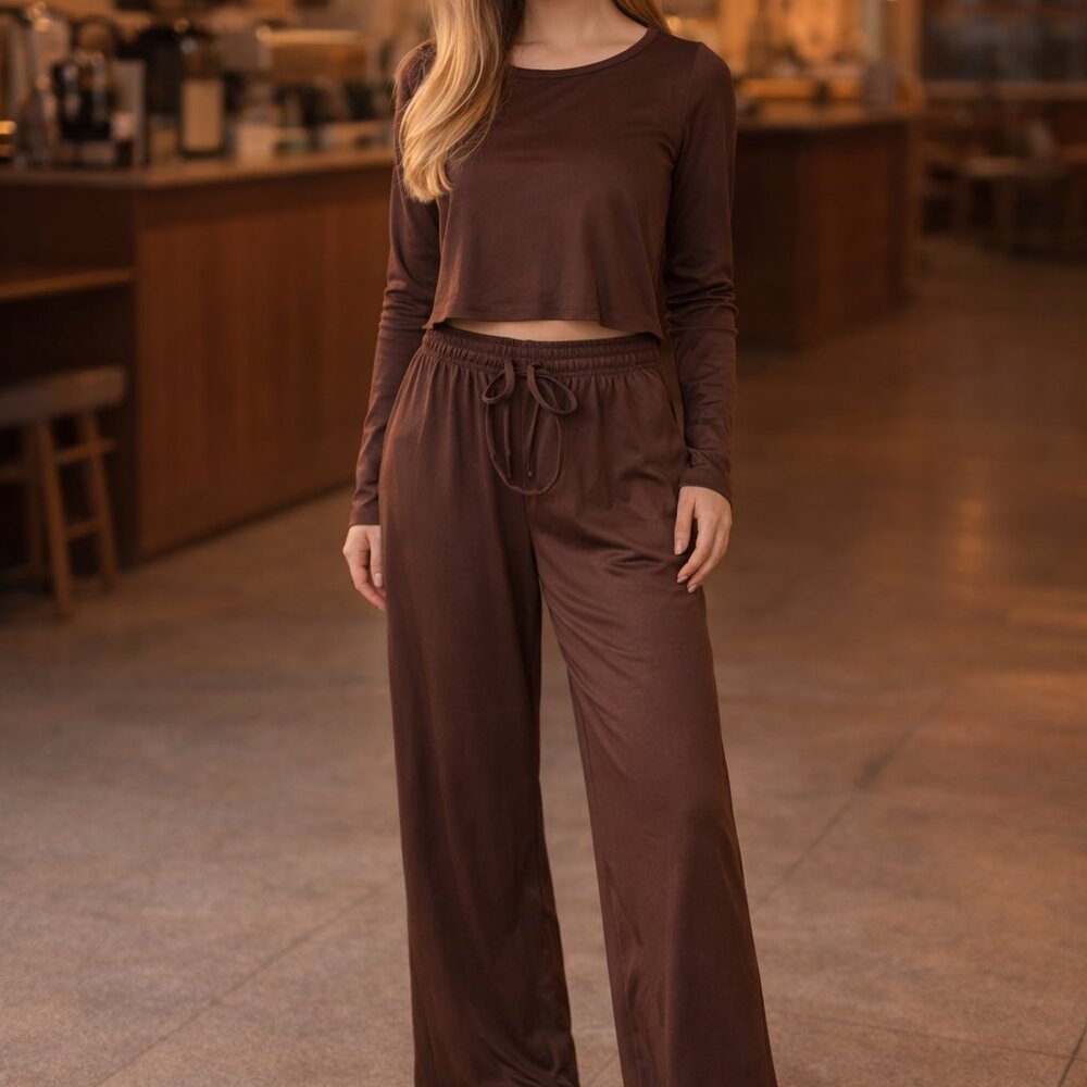 Chocolate Brown Pants & Longsleeve Top Two Piece Gathered Wide Leg Size Small